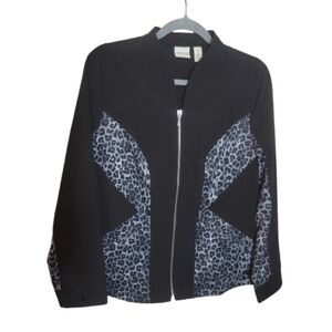 ZENERGY By Chico's jacket Women's Black Gray Leopard Print Jacket Pockets Zipper